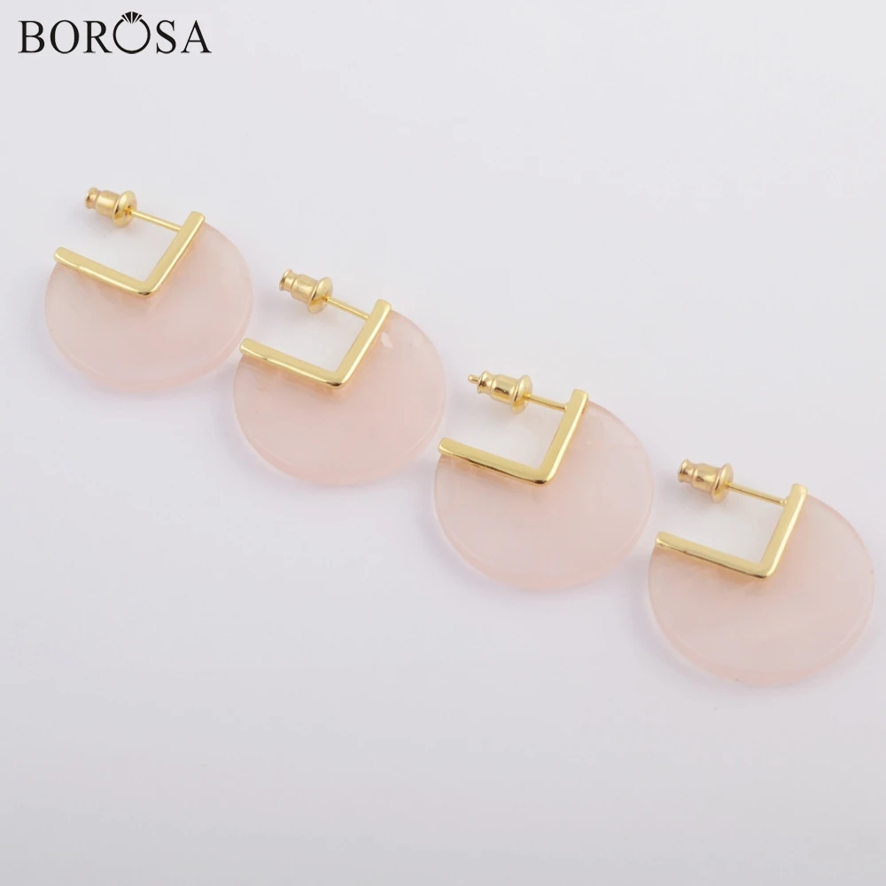 Женские серьги гвоздики BOROSA из натуральной розы Розовый кристаллический кварц