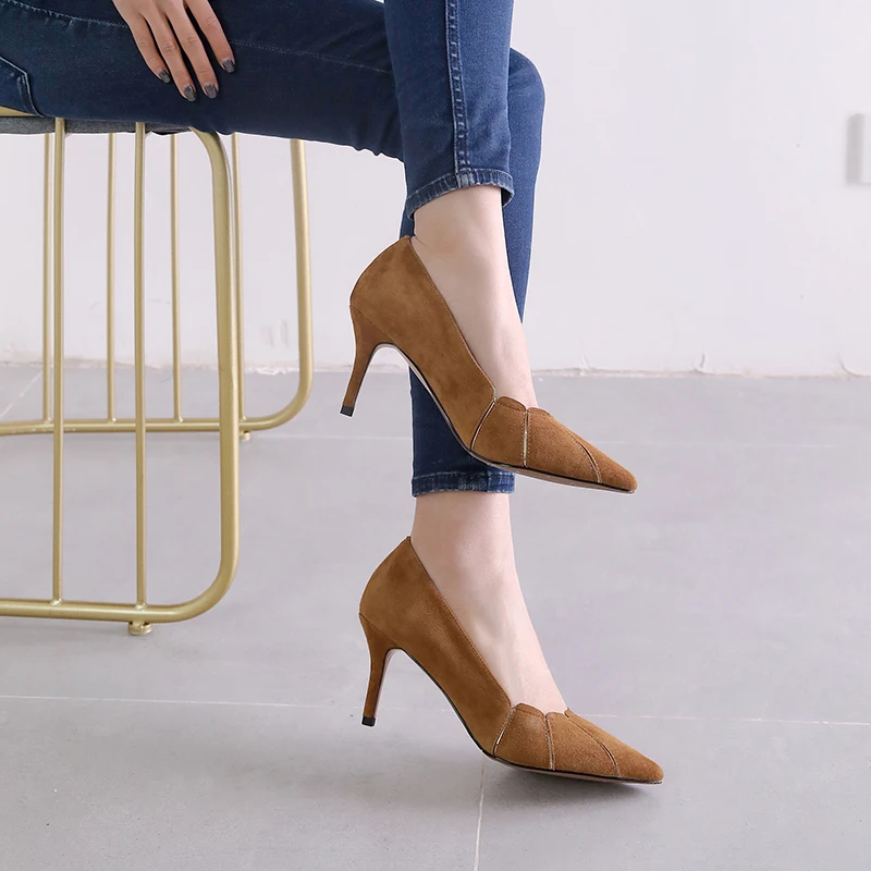 

2019 new high-heeled single shoes sheep suede pointed shoes simple color matching shoes shallow mouth women's shoes