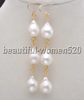 

Z8254 3Line 13mm White Almost Round Edison Keshi Pearl Dangle Earrings