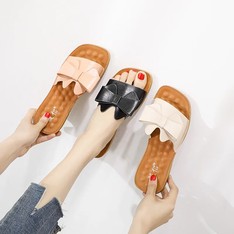 

Flat Slippers Plus Size Summer Ladies Outside Leather Modis Bow Knot Brief Slides Sandal Female Mules Babouche Large Spring