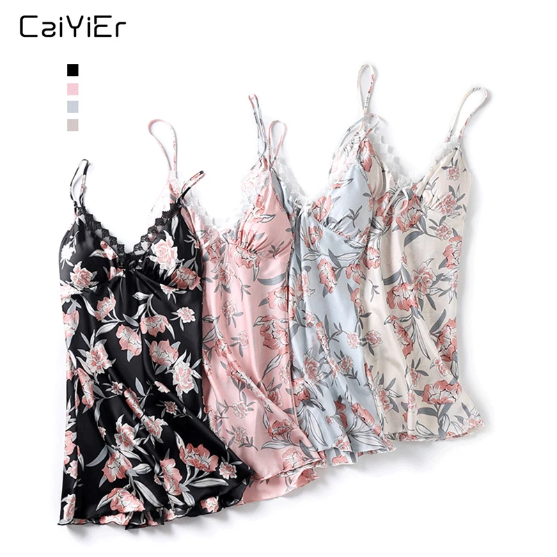 

Caiyier Silk Nightgown Summer Women Lace Lingerie Night Dress Sexy Flowears V-Neck Sleepwear Sleeveless Nightshirt YX1962