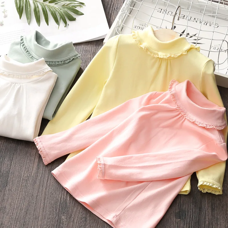 

Baby lace tops high collar T - shirt 2018 winter girls blouse plus velvet