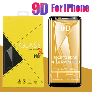 

100pcs 9D Full Cover Tempered Glass For iPhone 11 Pro Max XS XR X 8 7 6 6S Plus Anti-Scratch Screen Protetcor With Yellow Box