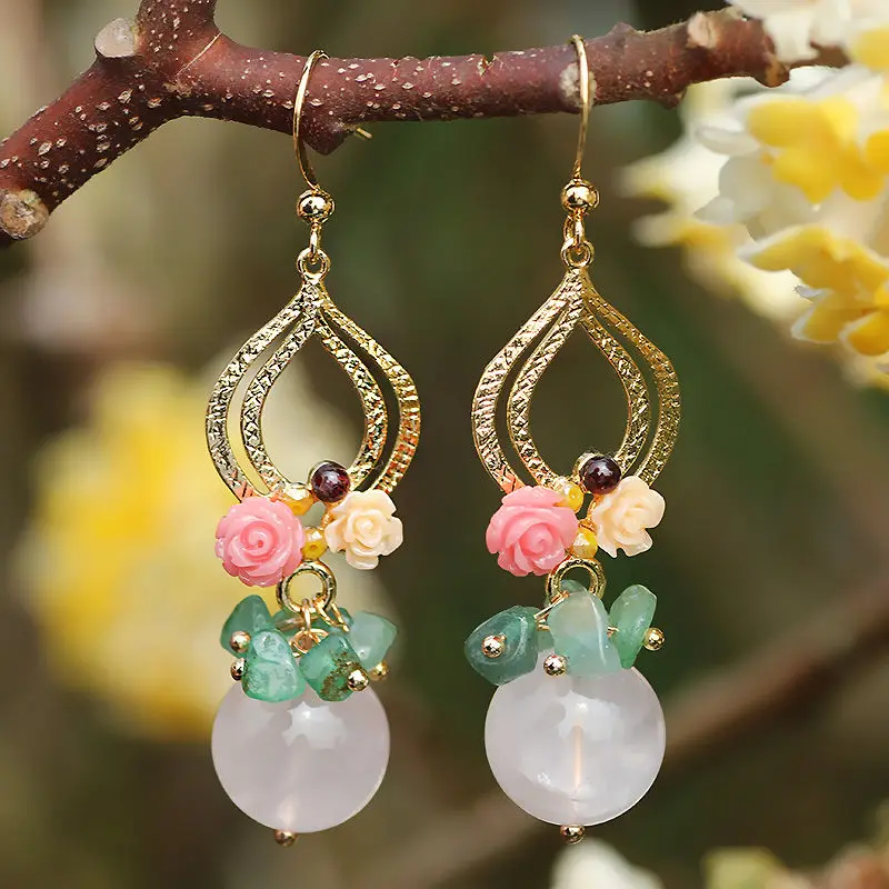 

FARLENA Original design Handmade Semi-precious Stone Dangle Earrings for Women Vintage Ethnic Onyx Drop Earring long