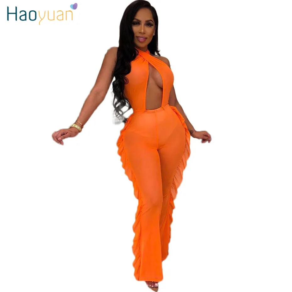 

HAOYUAN Mesh Sheer Sexy Jumpsuit Summer Beach Overalls One Piece Outfit Body Holllow Out Backless Ruffle Rompers Womens Jumpsuit