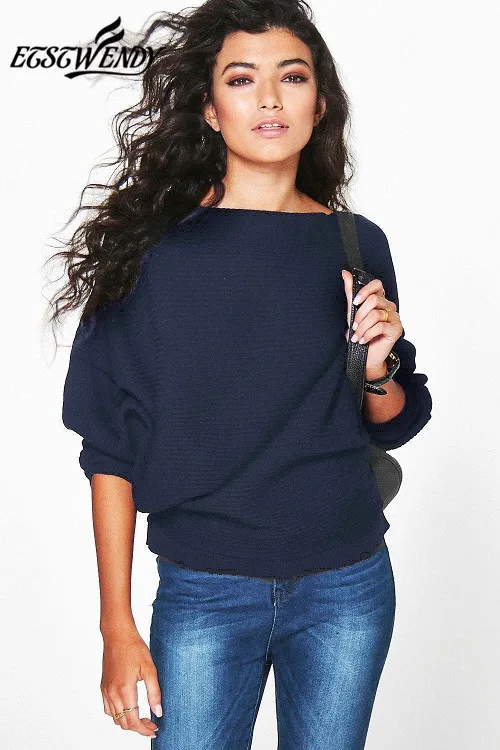 New Autumn Winter 2018 Casual Women Sweater Batwing Long Sleeve Knitted Sweater Solid Color Pullover Sweater Loose Cotton Tops