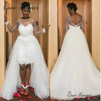 

Long Sleeve Sheer Neck See through A line Wedding Dress African New 2 in 1 detachagle Train Lace Wedding Dress W0426