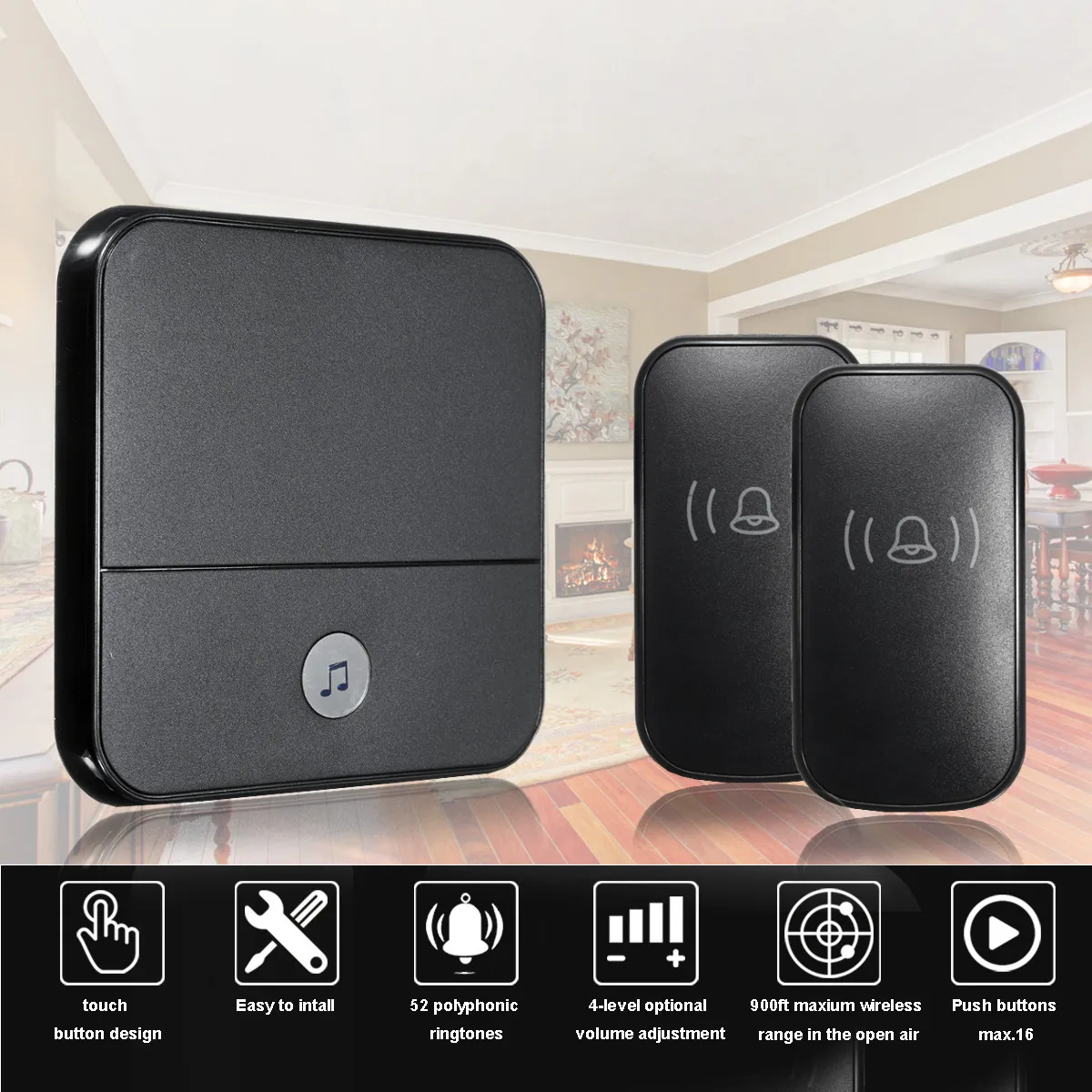Touch Wireless Doorbell Waterproof 300M Remote range 2 button 1 Receiver 52 chimes Smart Cordless SOS Door Ring EU/UK/US Plug