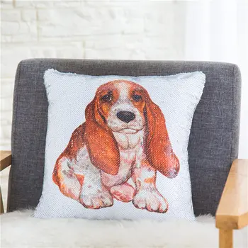 

Cute Pet Dog Sequin Pillow Cover 40*40cm Cushion Cover Basset Hound Papillon Print Throw Pillows Cases Home Decor Cushion Covers