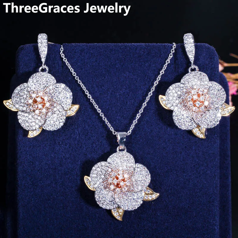 

ThreeGraces Multi Gold Color Cubic Zirconia Stone Geometric 925 Sterling Silver Flower Jewelry Set for Best Friends Gift JS215