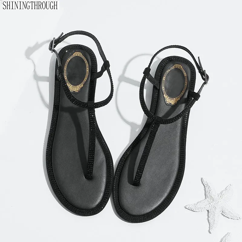 

Sandals 2019 Ankle-Strap Shoes Women Flat Sandals crystal Band Summer Shoes Girl Flip Flops Big Size Bohemia