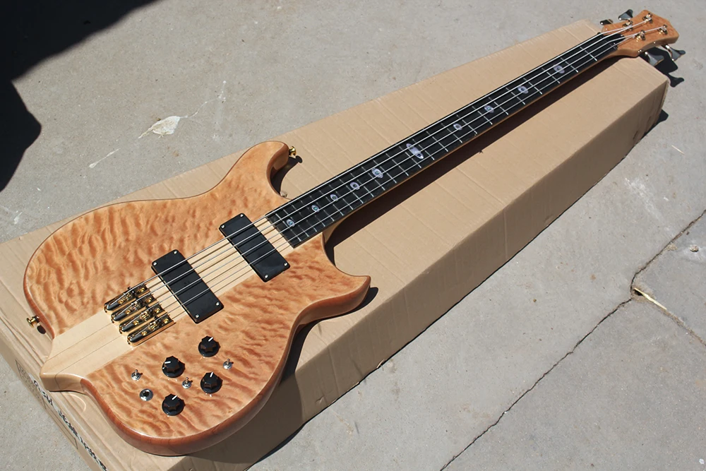 Factory Unusual Shape Natural Wood Color Electric Bass Guitar with 4
