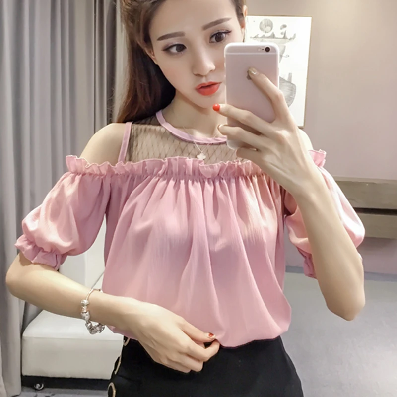 

Womens Tops and Blouses Chiffon Ruffle Blouse Women Short Sleeve Shirts Lace Off Shoulder Tops Pink Blusas Femininas Elegante