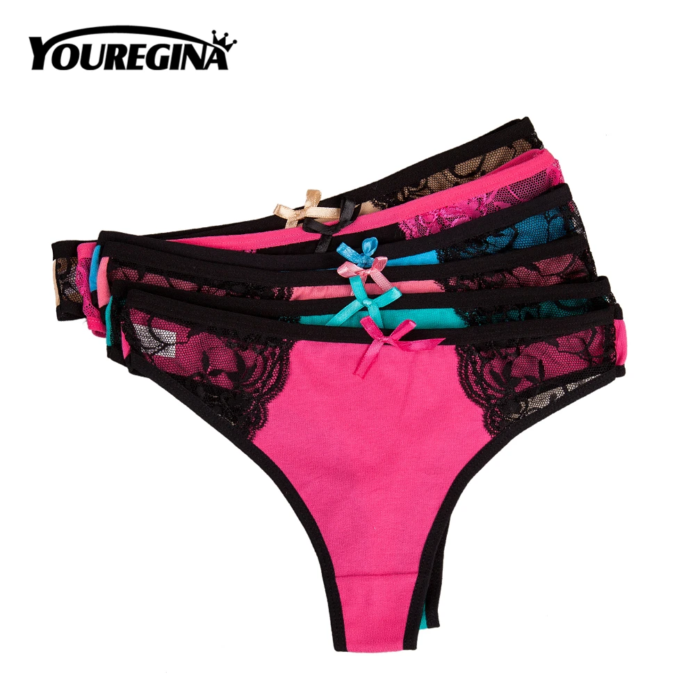 

YOUREGINA Women Sexy G-String Thong Underwear Cotton Lace Patchwork Transparent Pants FemaleIntimates Lingerie Bowknot 6pcs/lot