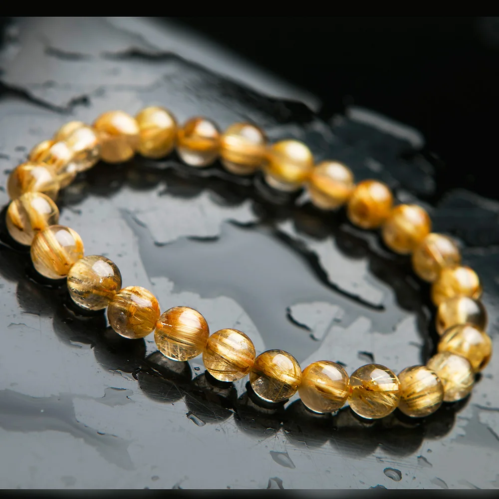 

Natural Gold Rutilated Quartz Crystal Wealthy Bracelet Women Men Clear Round Beads 7mm 8mm 9mm From Brazil Jewelry AAAAA