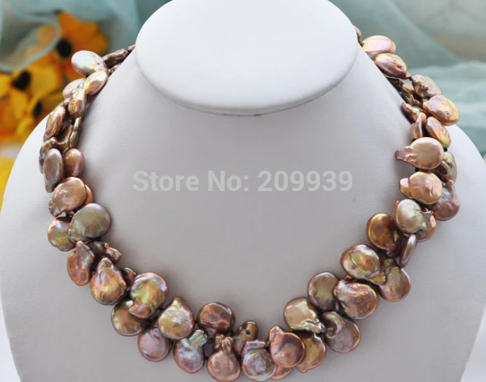 

Hot sell Noble- hot sell new - S2823 2row 17" 15mm coin coffee Freshwater cultured pearl necklace