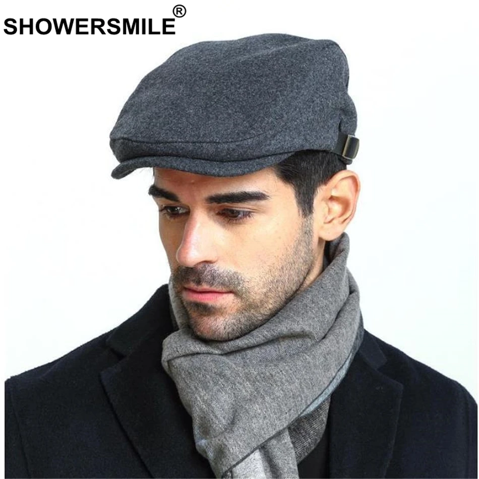 SHOWERSMILE Man Berets Wool British Vintage Flat Caps Gatsby Male Solid