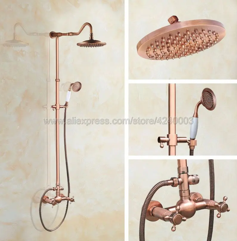 

Antique Red Copper Shower Faucet Set 8 inch Rainfall Shower Head With Hand Shower Sprayer Mixer Tap Krg610