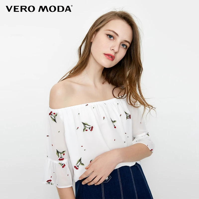 

Vero Moda 2019 New Boat Neck Floral Embroidery Off-shoulder 1/2 Sleeves Chiffon Tops |31816X505