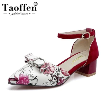 

TAOFFEN Plus Size 32-48 Women Med Heel Pointed Toe Sandals Ladies Flower Ankle Buckle Shoes Women Bowtie Bowknot Summer Footwear