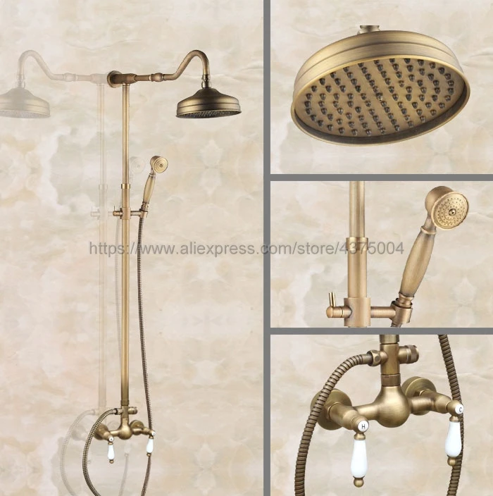 Antique Brass Wall Mount 8 inch Bathroom Shower Faucet Mixer Taps Dual Handle with Hand Held Shower Nan512