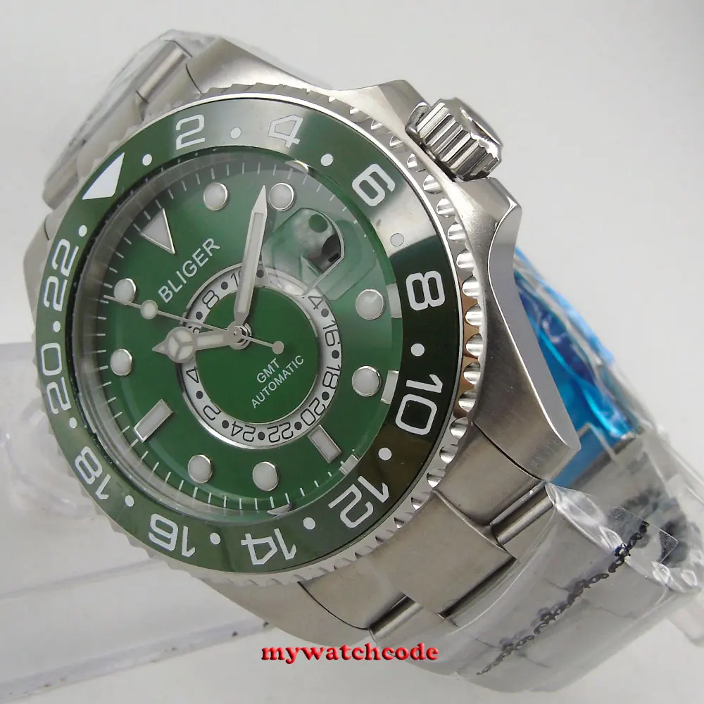43mm Bliger blue green black dial GMT sapphire crystal date automatic mens watch 43mm Bliger blue green black dial GMT sapphire crystal date automatic mens watch