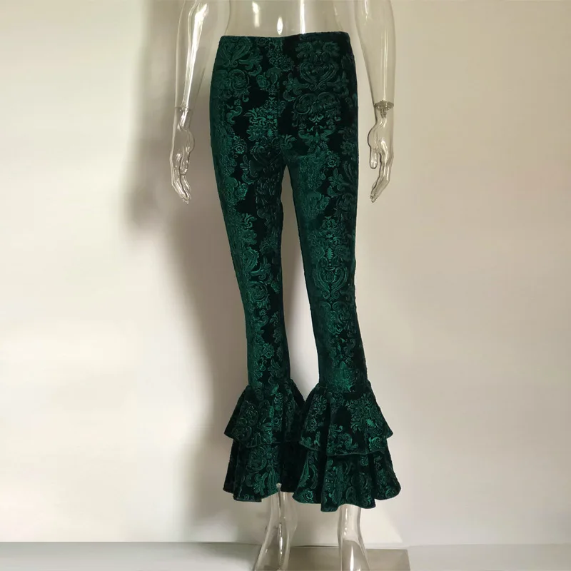 Бархатные расклешенные брюки с высокой талией для женщин; сезон осень-зима; теплые Многослойные брюки с оборками; повседневные узкие брюки-карандаш; брюки-клеш - Цвет: Зеленый