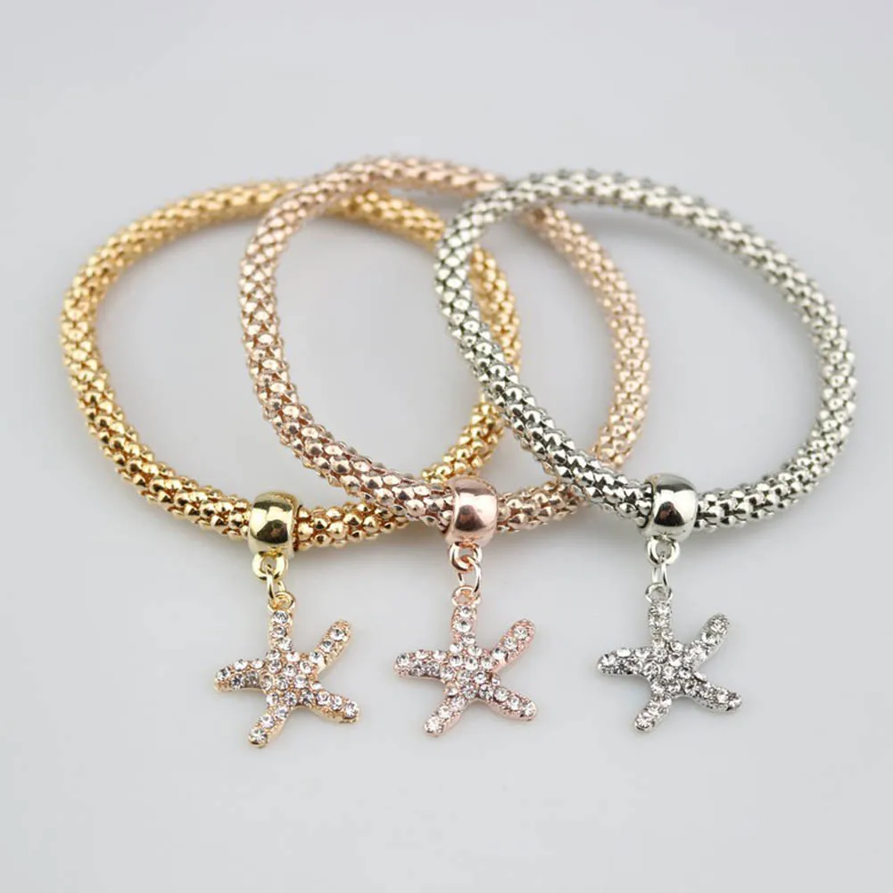 

3pcs/set New Gold Color Multilayer Punk Bangles Vintage Charms Elastic Crystal Starfish Pendant Bracelet Women Jewelry