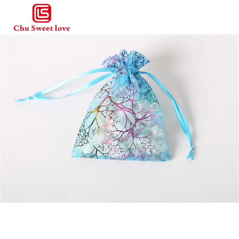 13x18 CM color hot stamping organza bundle pocket beautiful lake blue organza transparent gift bag Christmas bag 100pcs