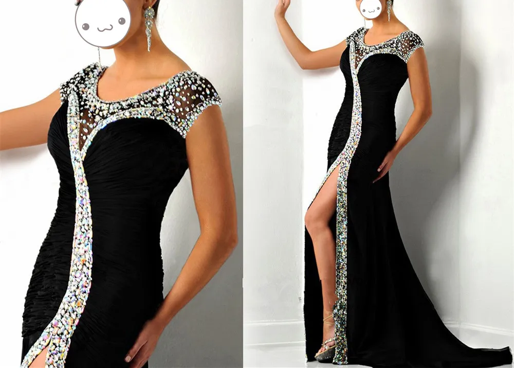 

2019 Sexy Black Long Evening Dress Formal Special Occasion Dresses Pleated Rhinestones Prom Gowns Split Vestido Longo de Festa