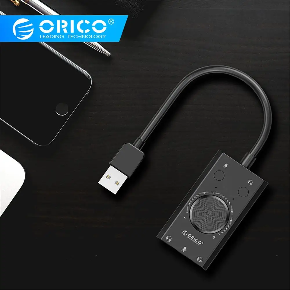 

ORICO ABS Multifunction USB External Sound Card + 1 Microphone Port Jack 3.5mm Adapter Mute Switch Volume Adjustment Free Drive