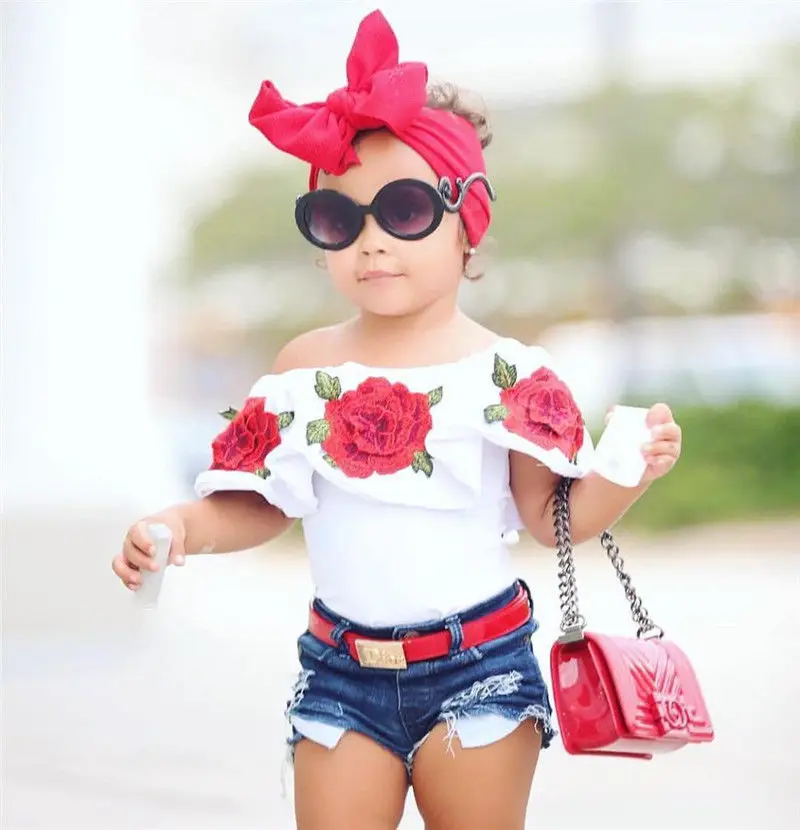 

2Pcs Cute Toddler Baby Kids Girls Flower Tops Denim Shorts Pants Outfits Clothes Cotton Short Sleeve Floral White 1-6 Years Sets