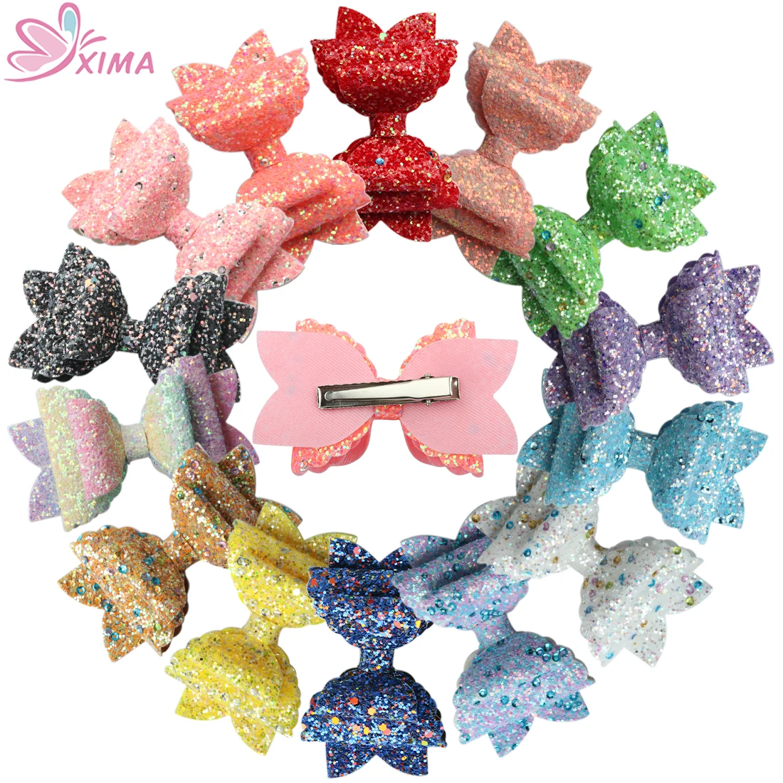 

XIMA 14pcs/lot 3.5''Cute Girls Hair Bows Clips Double Layer Glitter Bows Hairpins Hairgrips Princess Headdress Hair Accessories