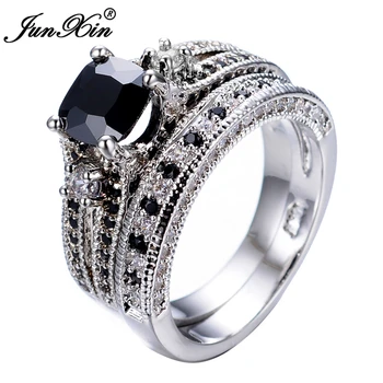 

JUNXIN Men's Gorgeous Black Crystal Ring Set Promise Engagement Rings For Women Fashion 10KT White Gold Filled Jewelry RW1222