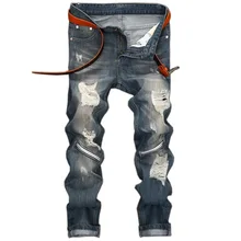 Europe and the United States Men Holes Nostalgic Knee zipper Self-cultivation Straight jeans