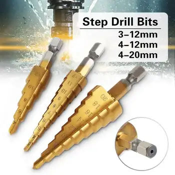 

New 3pcs HSS Titanium Coated Step Drill Bit for Metal 3-12mm 4-12mm 4-20mm High Speed Steel Wood Drilling Power Tools