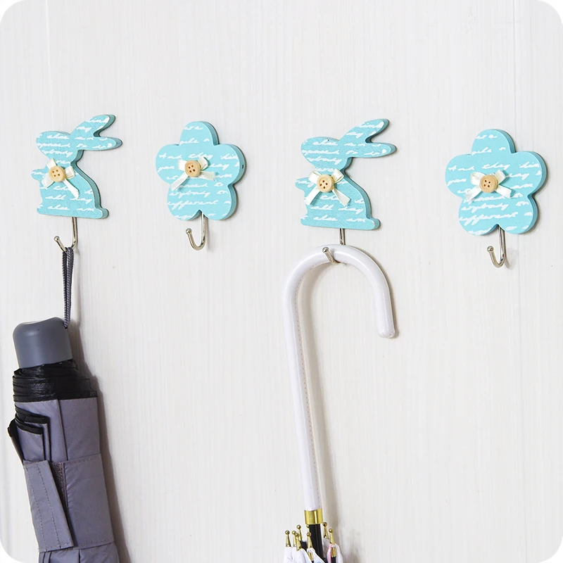 Multipurpose cute wooden flower rabbit shape hooks glue stick wall