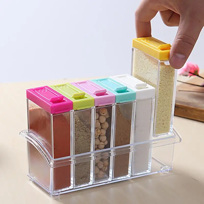 1pcs Spice Jar Seasoning Box 6Pcs/Set Kitchen Spice Storage Bottle Jars Transparent PP Salt Pepper Cumin Powder Box Tool