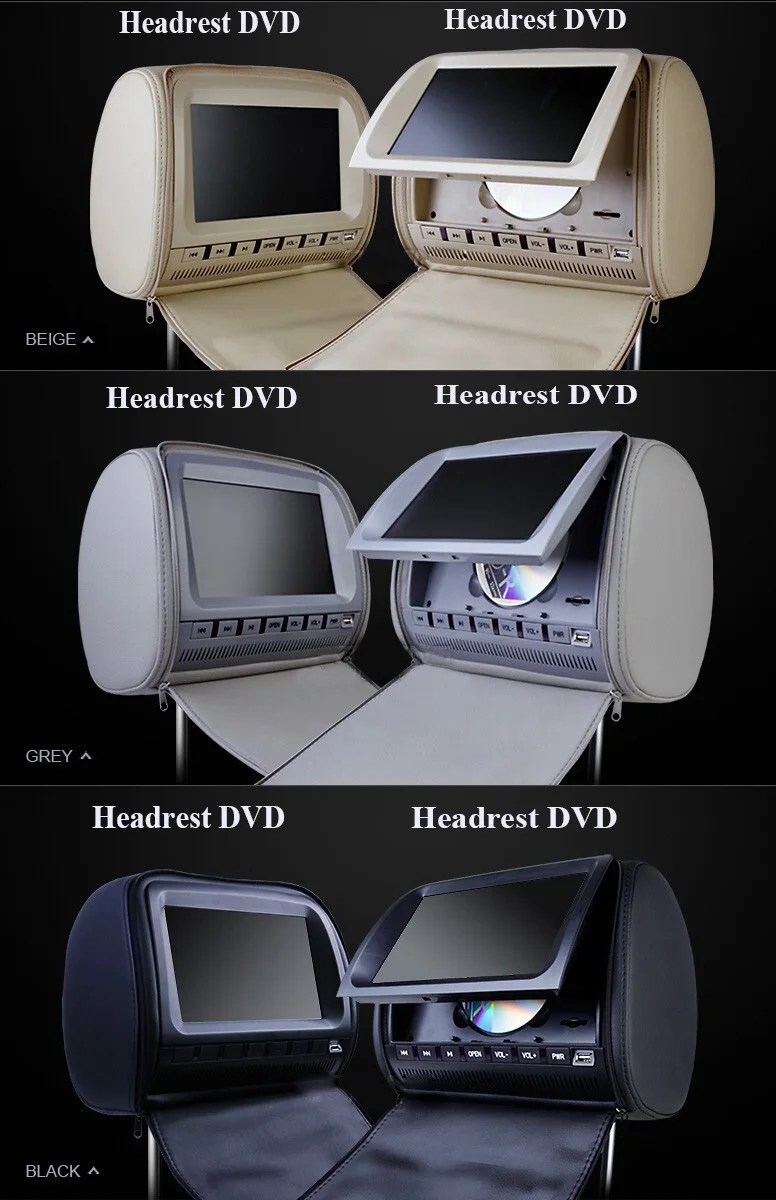 Best one pair 2X9 inch car headrest DVD player with zipper cover,USB/SD,32bit  Game,IR,FM,TV(optional),3 color 4