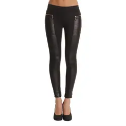 Женские леггинсы с высокой талией сексуальные женские модные брюки из искусственной кожи Узкие Лоскутные Леггинсы черная одежда для