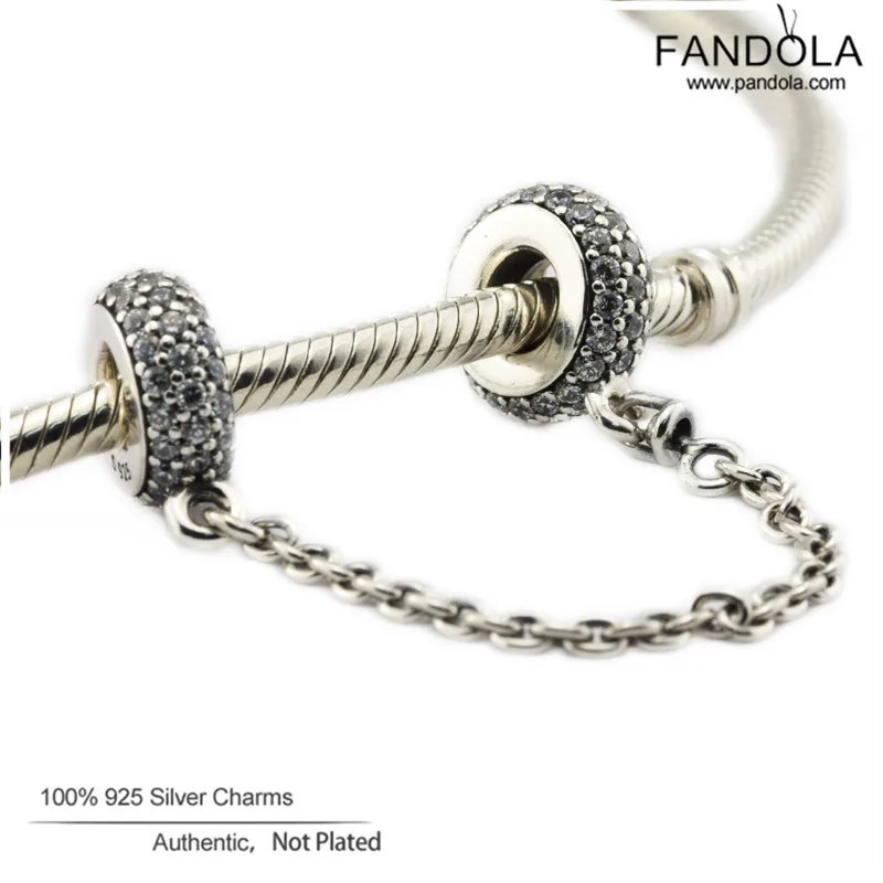 

Fits Original Charms Bracelet 2018 New 925 Sterling Silver Jewelry Pave Inspiration Safety Chain, Clear CZ Charm Argent Beads