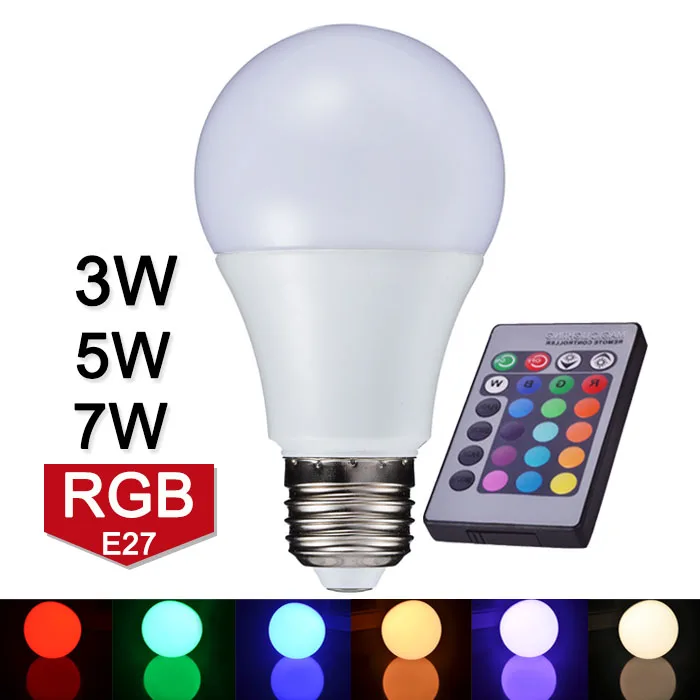 

New Arrival LED RGB Bulb Light E27 110V 220V RGB LED Lamp 3W 5W 7W With IR Remote Controller Lampara LED Light A65 A70 A80