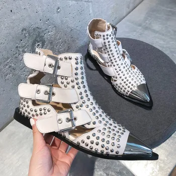 

women's sandals fit for 22-26.5 cm length Genuine Leather Metal rivet and buckle metal pointed toe Rock punk summer must have