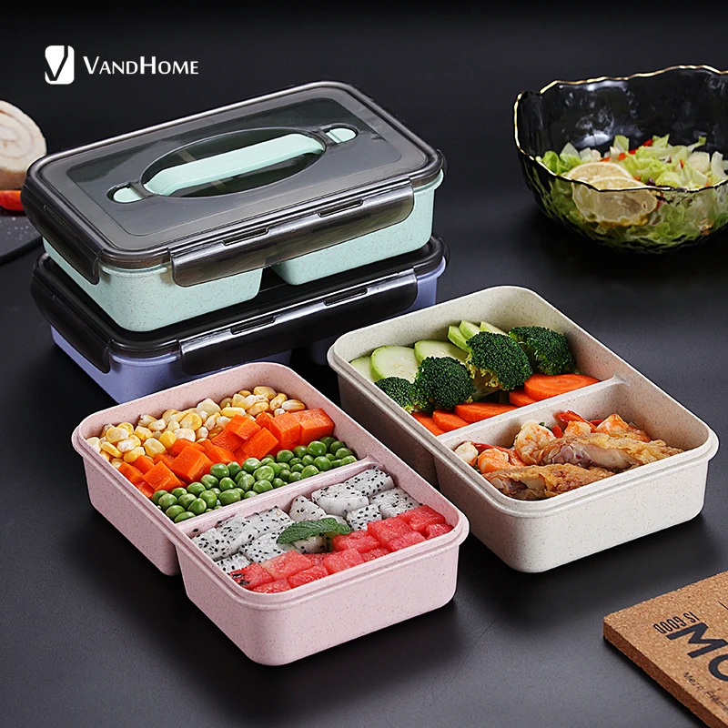 VandHome, японский детский Ланч-бокс, микроволновая печь, Bento box с отделениями, портативный, пшеничная солома, Bento, Ланч-бокс, контейнер для еды