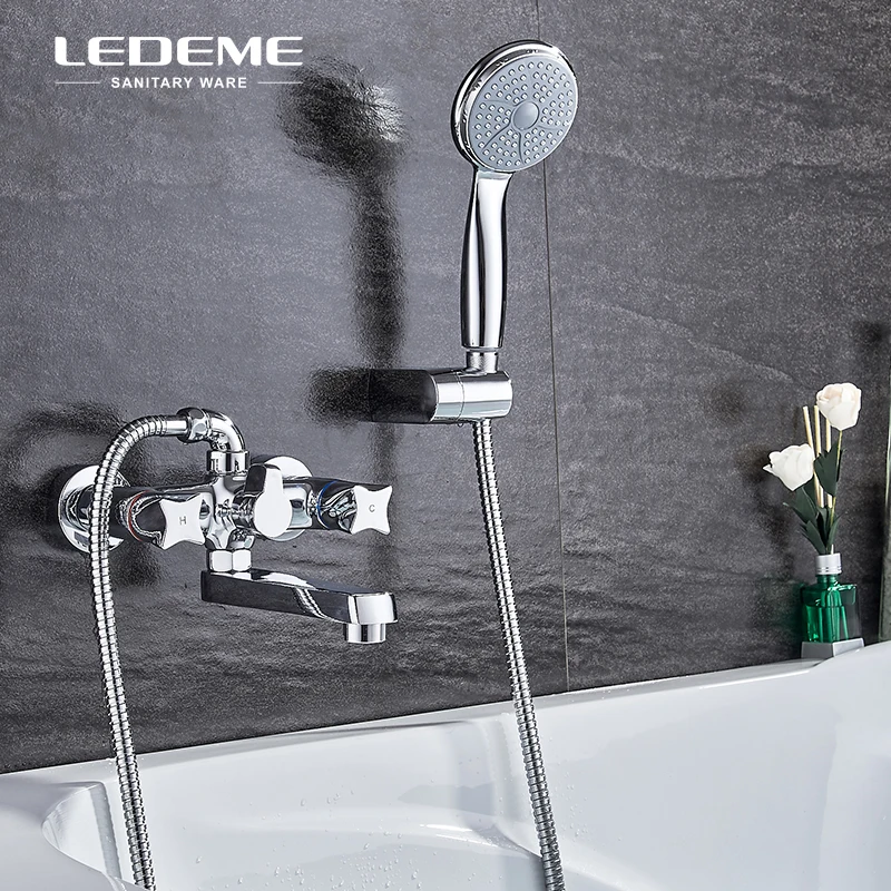 

LEDEME Long Spout Bathroom Bathtub Faucet Shower System Set Brass Body Dual Handle Showers with ABS Hand Shower Head L3187