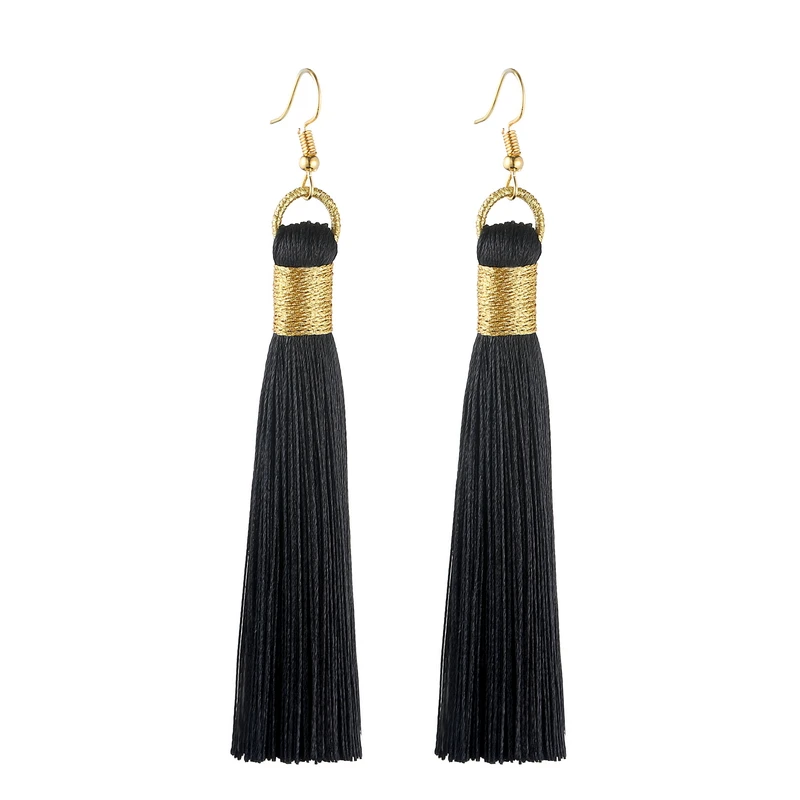 Tassel Earrings Golden Wrap Silk Fabric Vintage Women Dangle Drop Long LOVBEAFAS