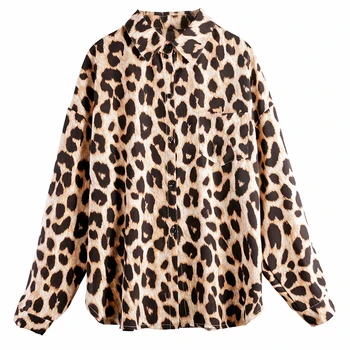 

2019 new leopard women blouse loose turn-down collar long-sleeved lady elegant shirts fashion all match pockets tops