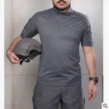 Летний мужской Камуфляжный тактический боевой пуловер с короткими рукавами рубашка занятия спортом на свежем воздухе, охота дышащая быстросохнущая футболка с воротником-стойкой