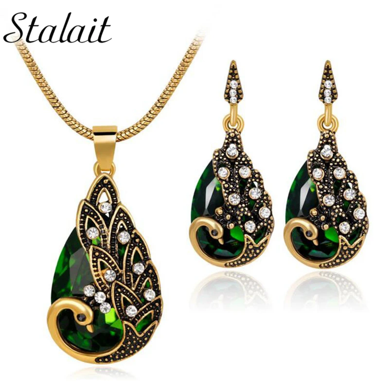 

Antique Bronze Color Peacock Jewelry Set Water Drop Crystal Rhinestone Animal Jewelry For Women Earrings Necklace Set