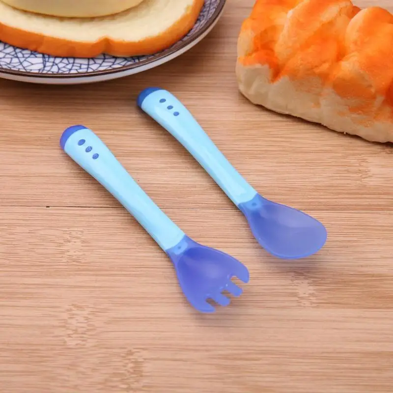 Baby Feeding Safety Soft Spoon Fork Set Temperature Sensing Flatware Spoon